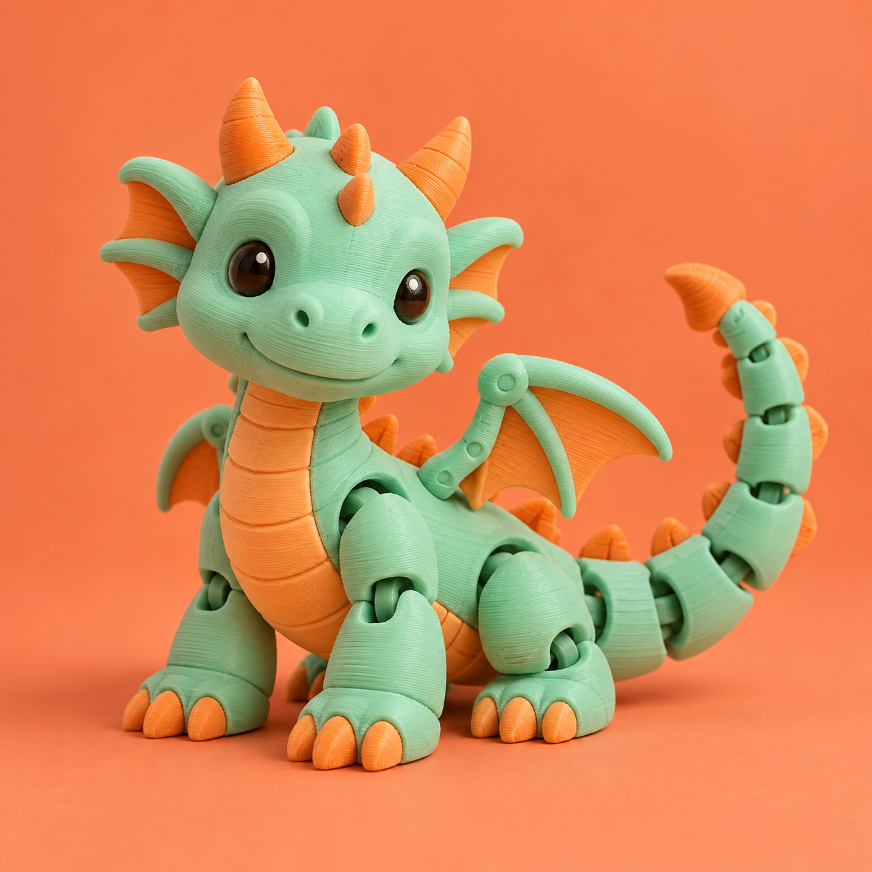 Cartoon illustration of a mint-green 3D printed dragon with little orange horns